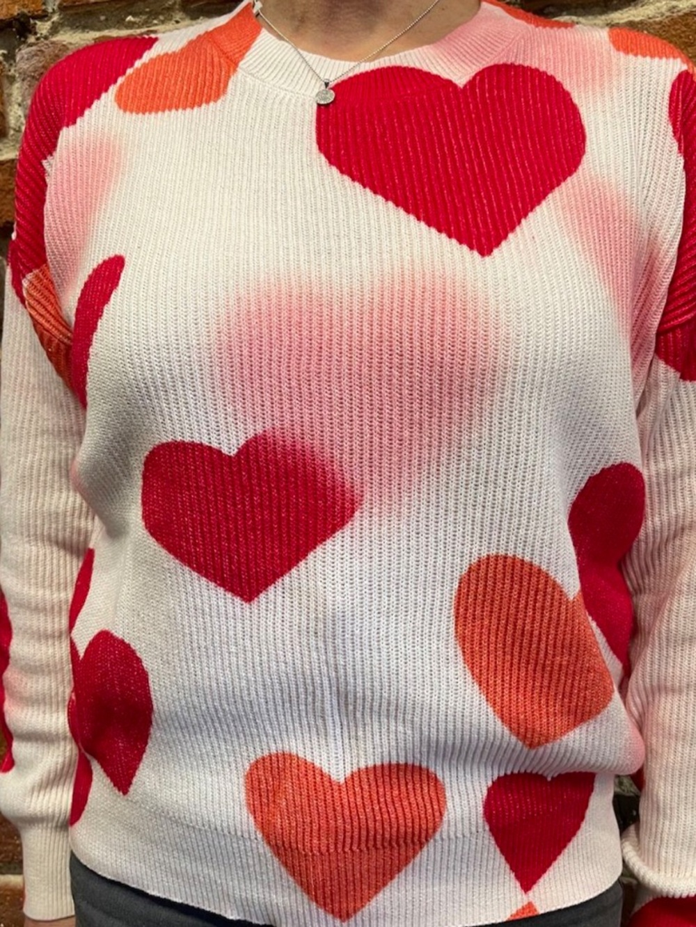 Women's Cream Knit Crewneck Sweater with Red & Coral Heart Motif